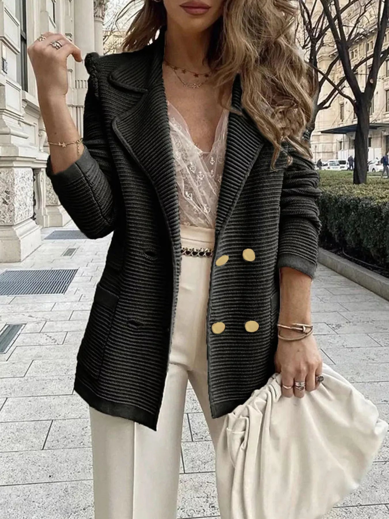 Women's Texture Knit Double-Breasted Blazer (S–2XL) - ShopNQlik