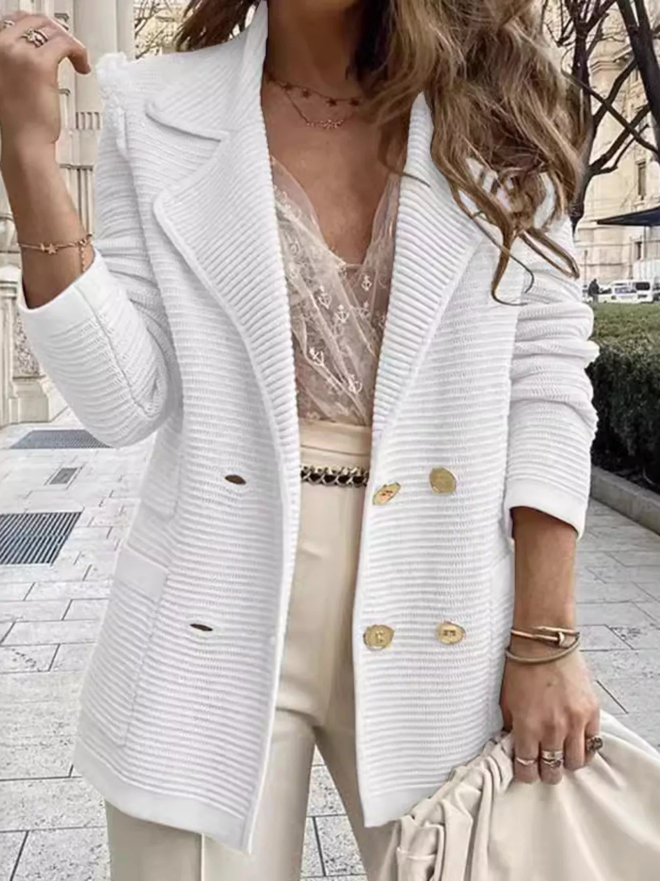 Women's Texture Knit Double-Breasted Blazer (S–2XL) - ShopNQlik