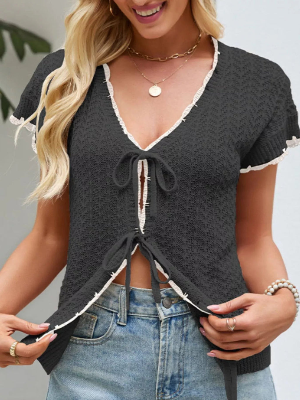 Women's Tie-Front Openwork Knit Cardigan – 4 Colours, S–XL - ShopNQlik