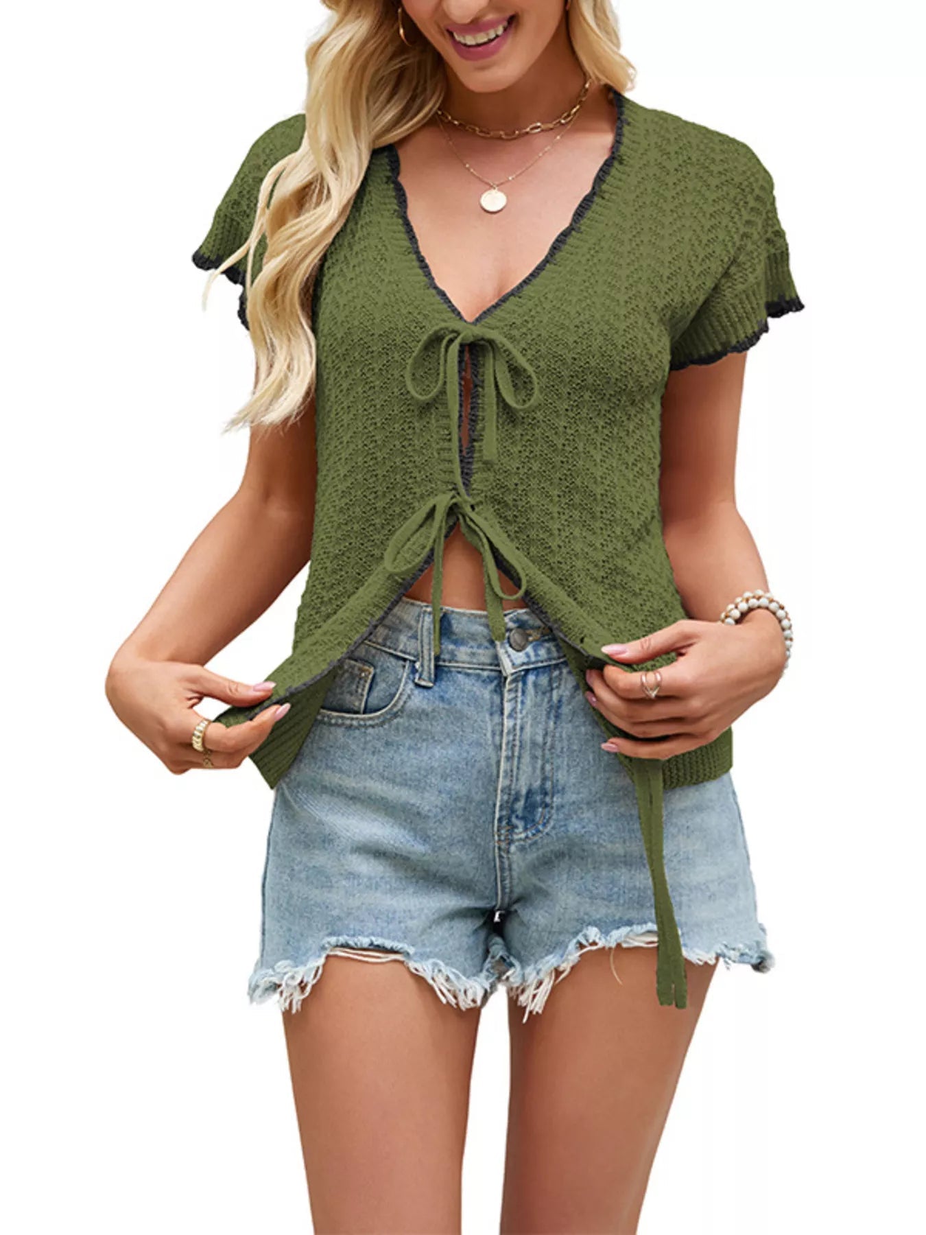 Women's Tie-Front Openwork Knit Cardigan – 4 Colours, S–XL - ShopNQlik