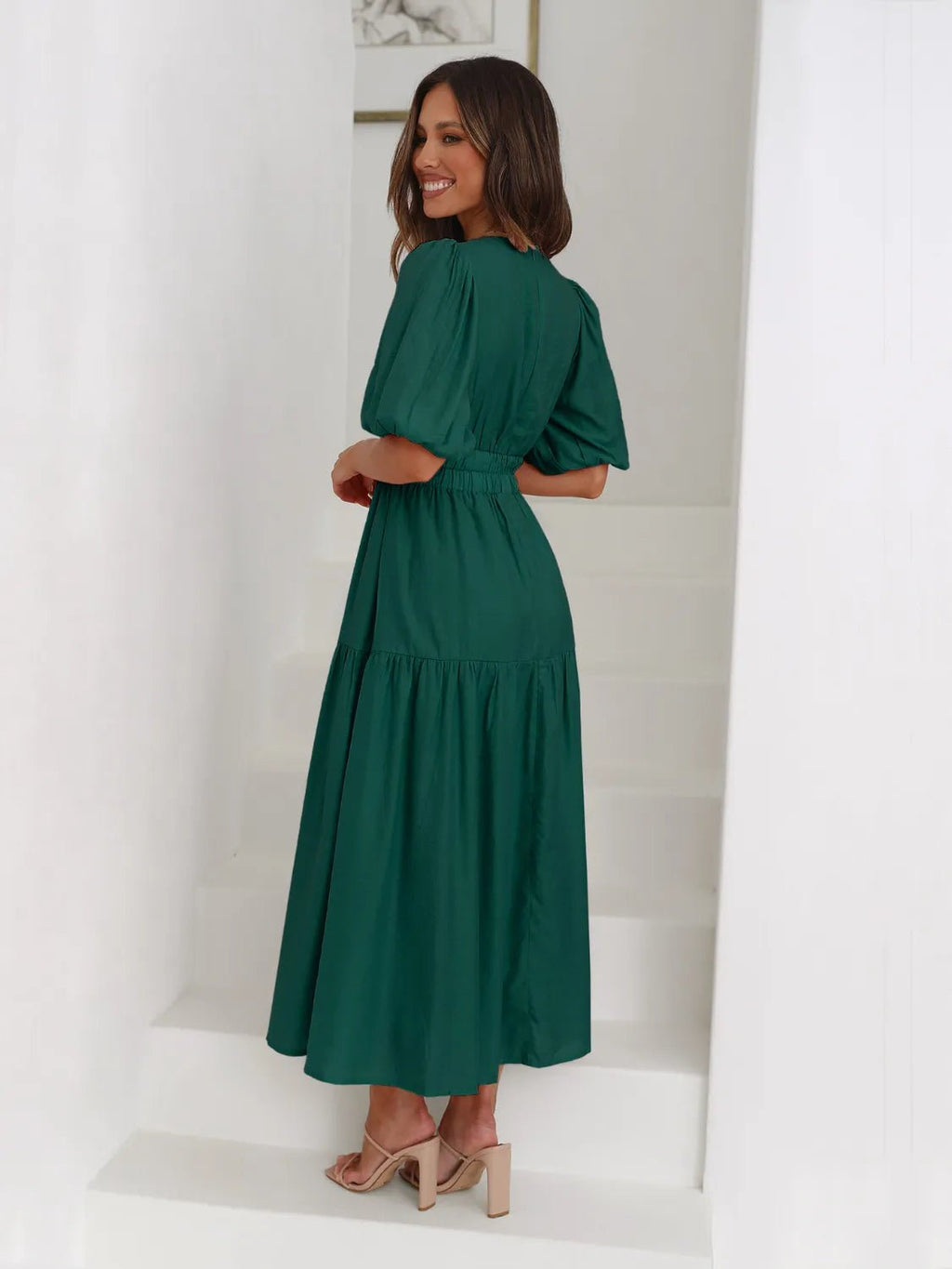Women's Tiered Surplice Half Sleeve Midi Dress – 3 Colours, S–XL - ShopNQlik