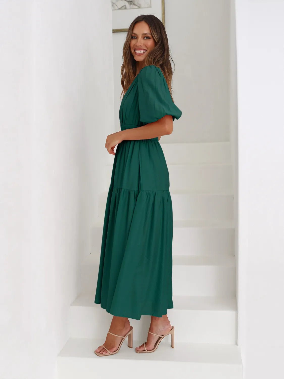 Women's Tiered Surplice Half Sleeve Midi Dress – 3 Colours, S–XL - ShopNQlik