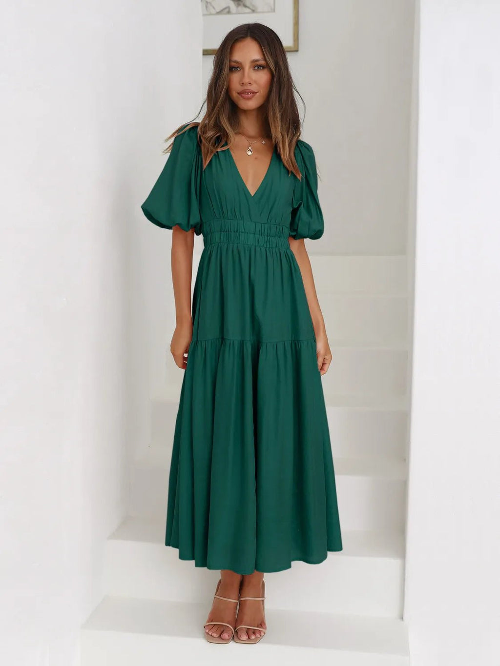 Women's Tiered Surplice Half Sleeve Midi Dress – 3 Colours, S–XL - ShopNQlik