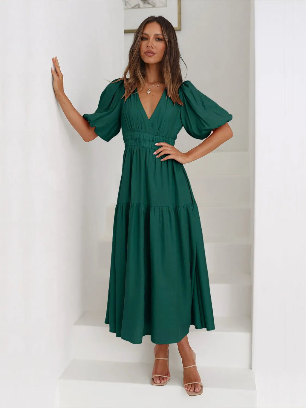 Women's Tiered Surplice Half Sleeve Midi Dress – 3 Colours, S–XL - ShopNQlik