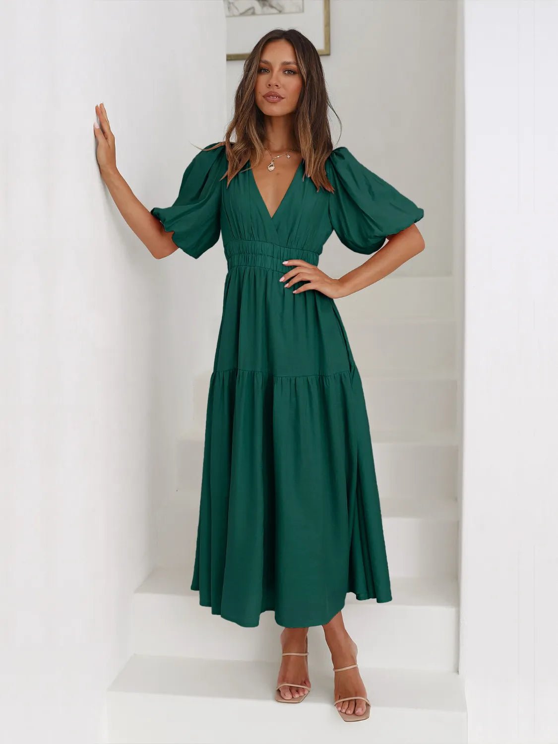 Women's Tiered Surplice Half Sleeve Midi Dress – 3 Colours, S–XL - ShopNQlik
