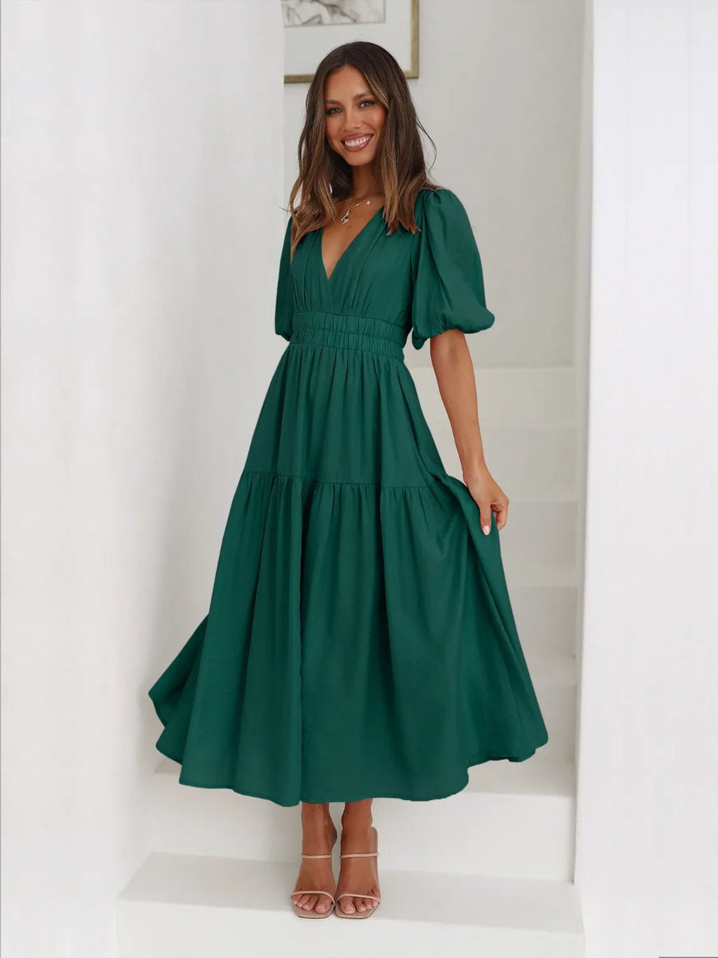 Women's Tiered Surplice Half Sleeve Midi Dress – 3 Colours, S–XL - ShopNQlik