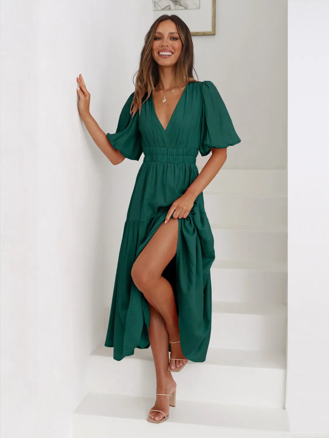Women's Tiered Surplice Half Sleeve Midi Dress – 3 Colours, S–XL - ShopNQlik