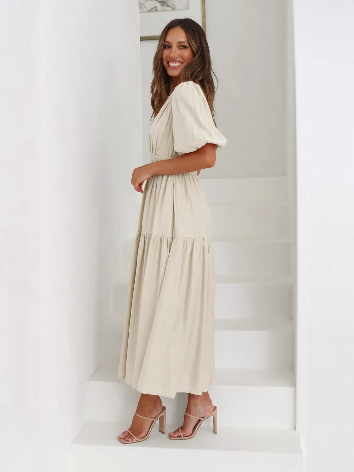 Women's Tiered Surplice Half Sleeve Midi Dress – 3 Colours, S–XL - ShopNQlik