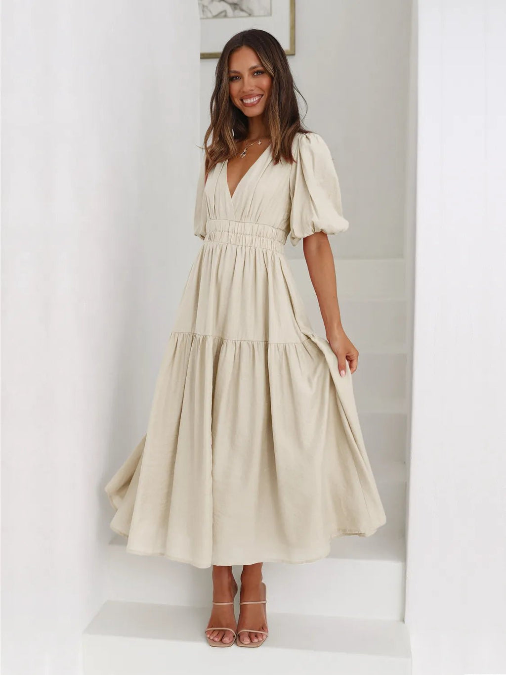 Women's Tiered Surplice Half Sleeve Midi Dress – 3 Colours, S–XL - ShopNQlik