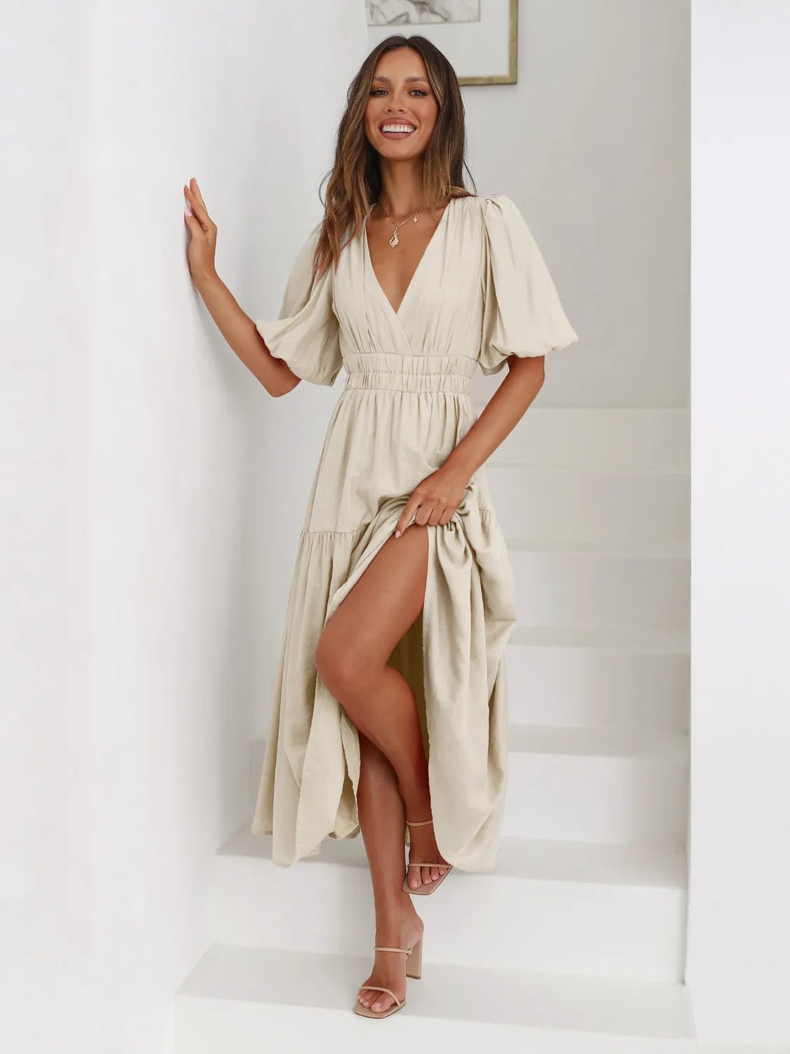 Women's Tiered Surplice Half Sleeve Midi Dress – 3 Colours, S–XL - ShopNQlik