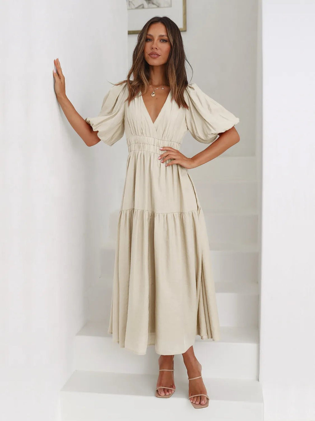 Women's Tiered Surplice Half Sleeve Midi Dress – 3 Colours, S–XL - ShopNQlik