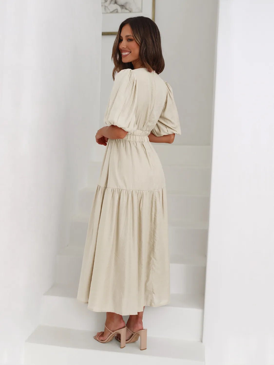 Women's Tiered Surplice Half Sleeve Midi Dress – 3 Colours, S–XL - ShopNQlik