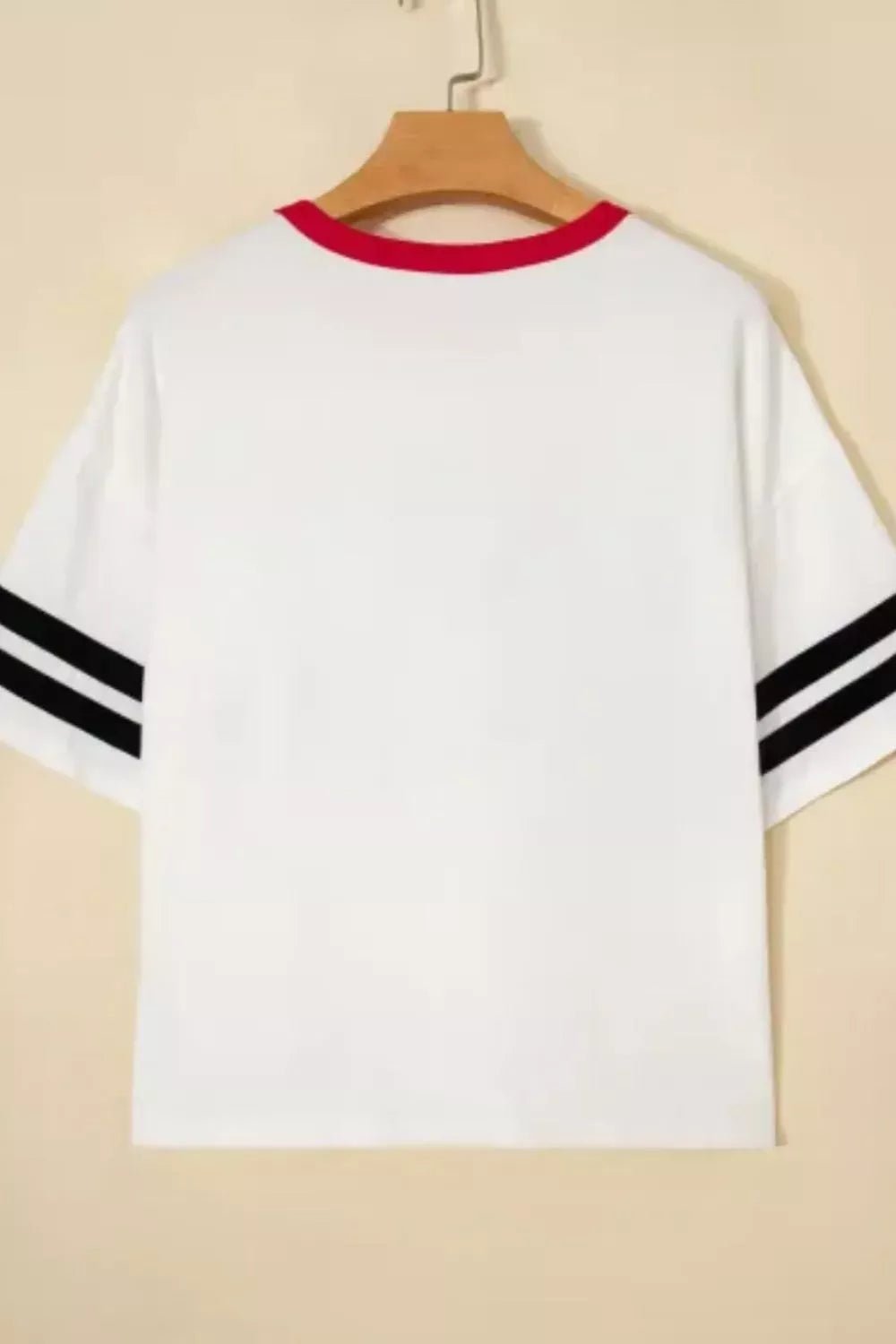 Women's USA Letter Print Varsity Striped Sleeve Round Neck T-Shirt - ShopNQlik