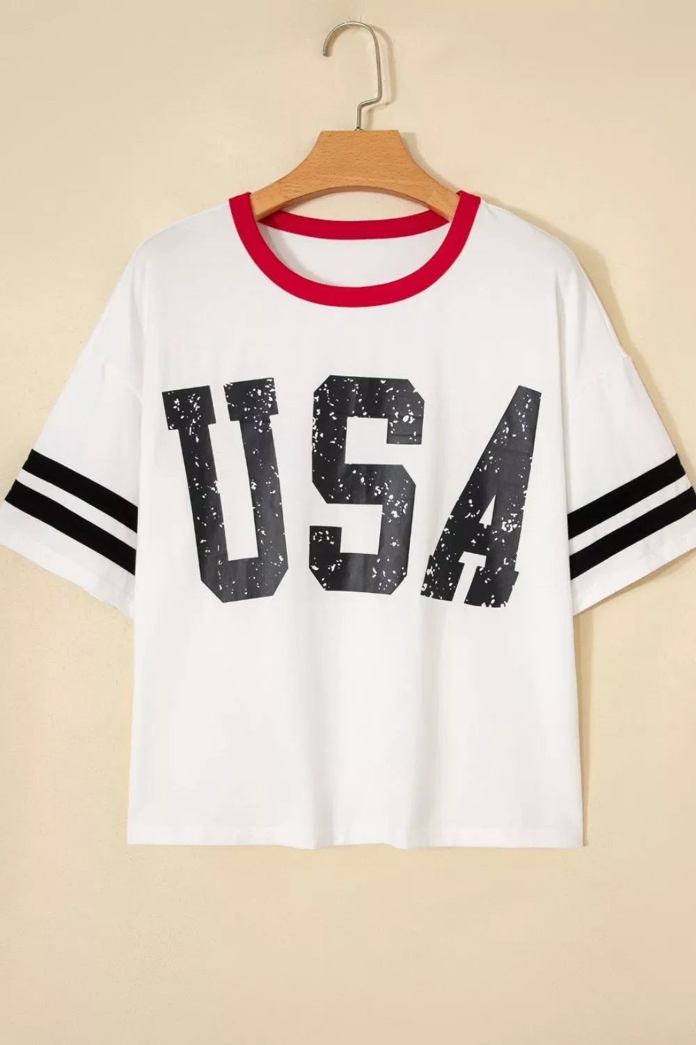 Women's USA Letter Print Varsity Striped Sleeve Round Neck T-Shirt - ShopNQlik
