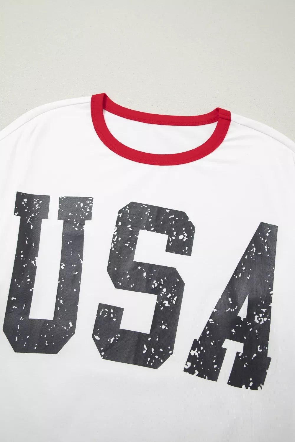 Women's USA Letter Print Varsity Striped Sleeve Round Neck T-Shirt - ShopNQlik