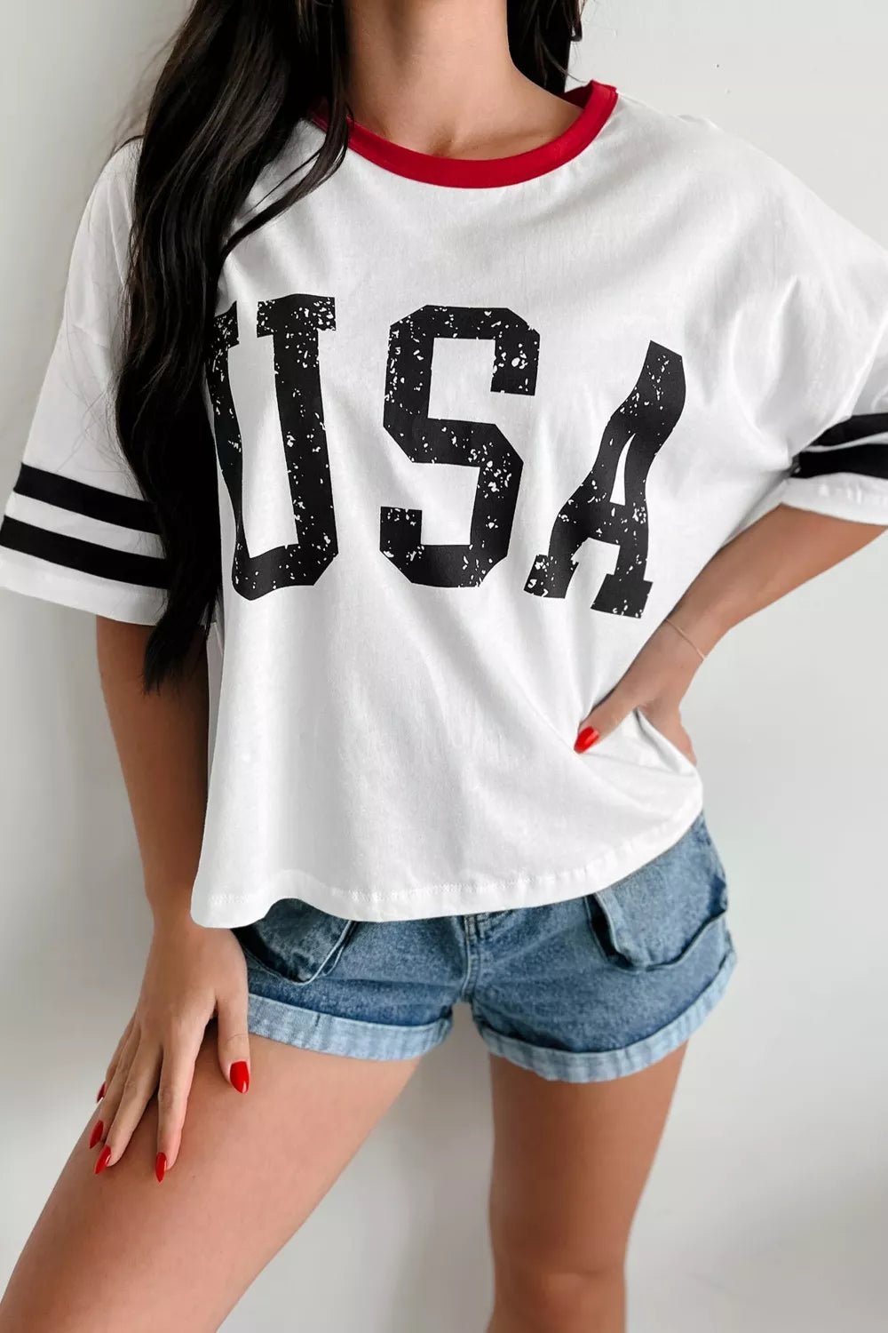 Women's USA Letter Print Varsity Striped Sleeve Round Neck T-Shirt - ShopNQlik