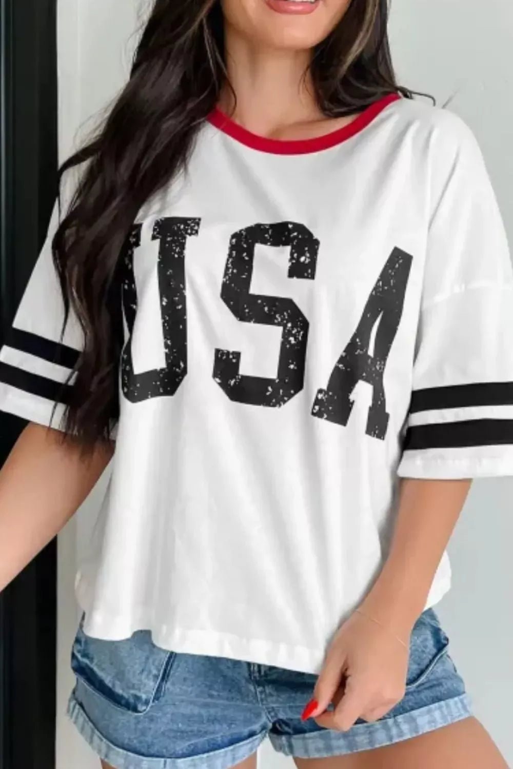 Women's USA Letter Print Varsity Striped Sleeve Round Neck T-Shirt - ShopNQlik