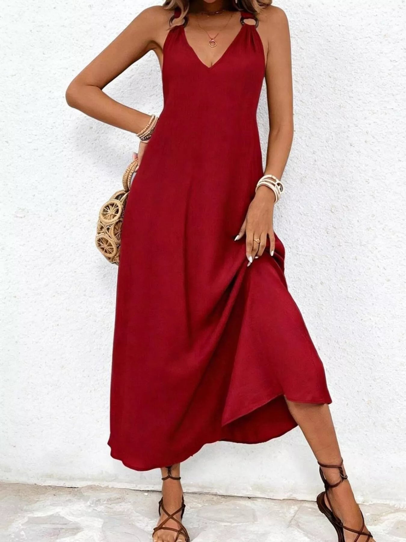 Women's V-Neck Sleeveless Midi Dress – Burgundy, XS–L - ShopNQlik