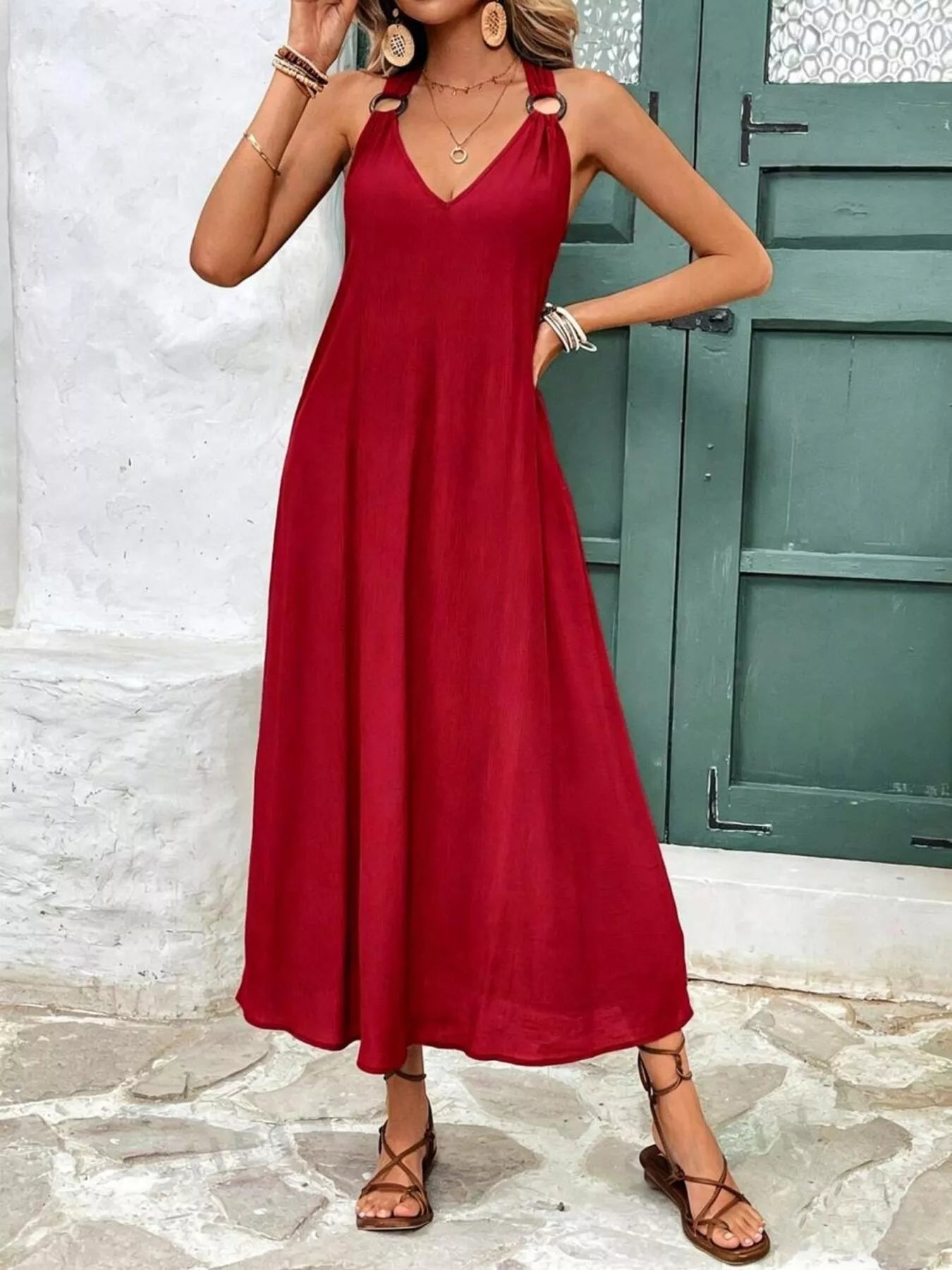 Women's V-Neck Sleeveless Midi Dress – Burgundy, XS–L - ShopNQlik