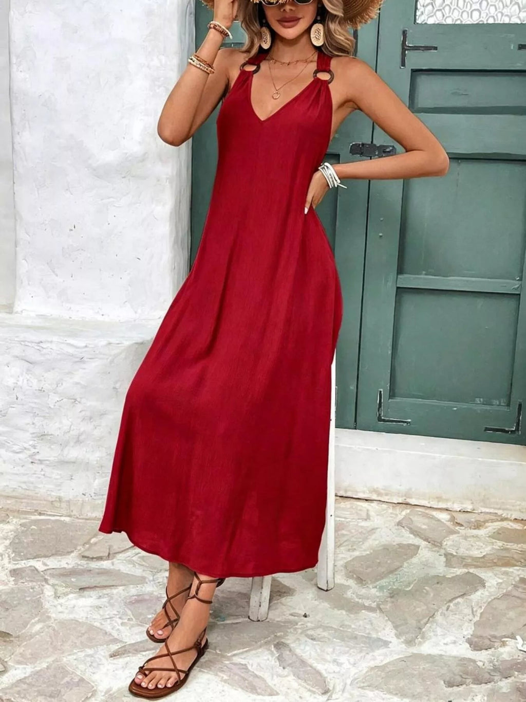 Women's V-Neck Sleeveless Midi Dress – Burgundy, XS–L - ShopNQlik