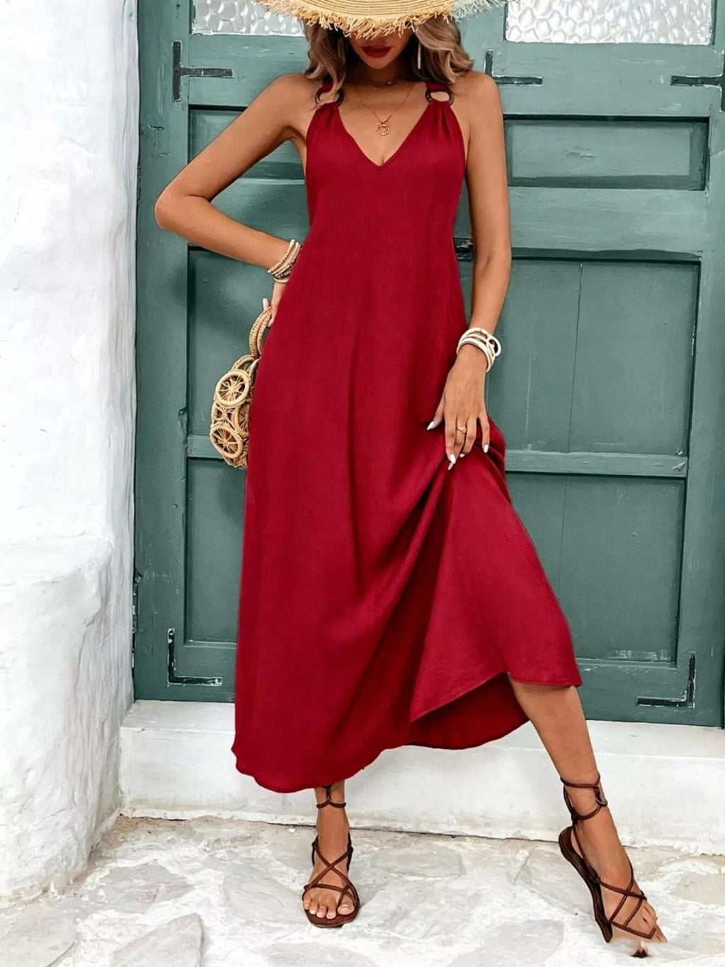 Women's V-Neck Sleeveless Midi Dress – Burgundy, XS–L - ShopNQlik
